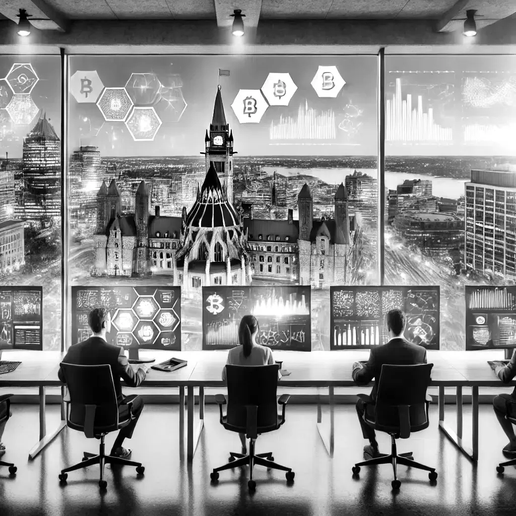 Modern office in Ottawa with financial analysts working on advanced blockchain technology.