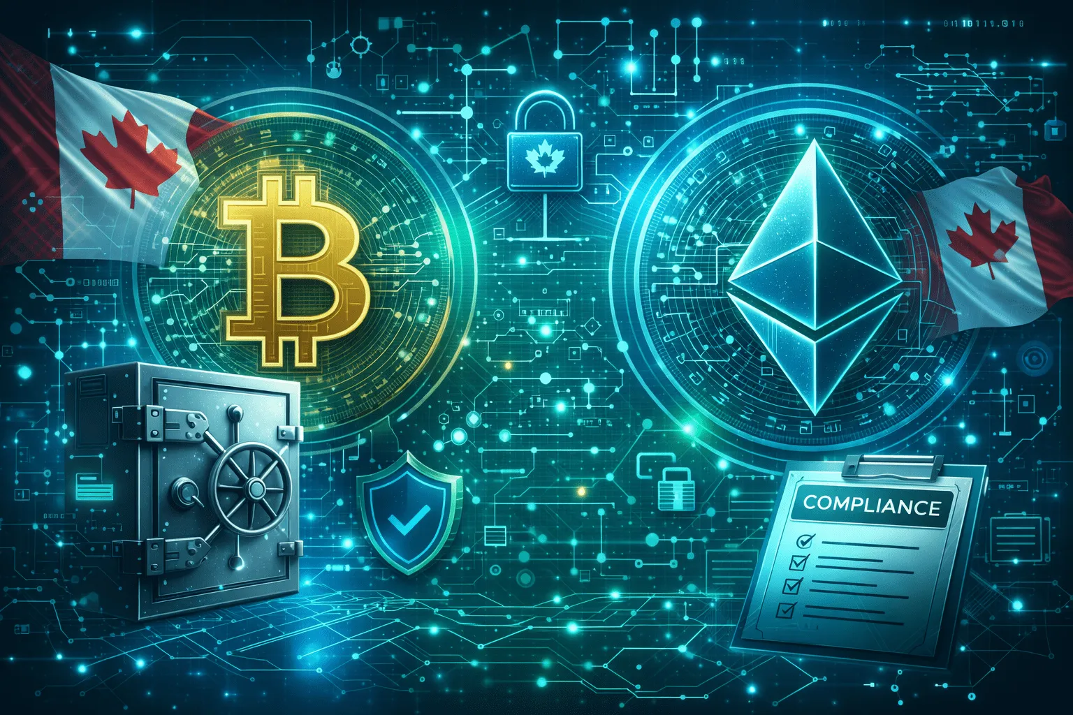 Digital assets and compliance symbols over a Canadian flag representing crypto tax reporting obligations