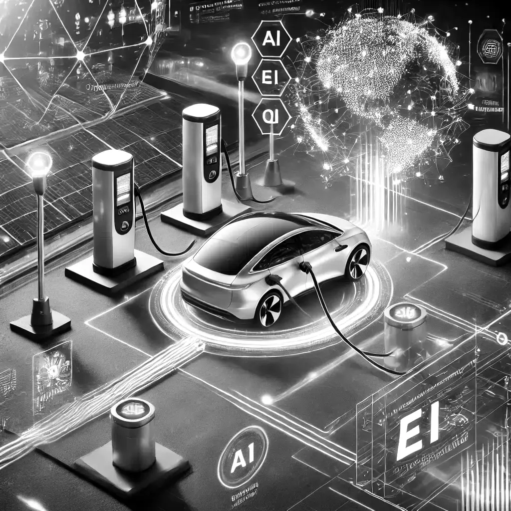 An electric vehicle plugged into multiple futuristic charging stations surrounded by digital technology and graphics.